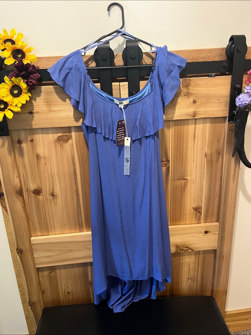 LA made Periwinkle Off-Shoulder High-Low Ruffle Dress